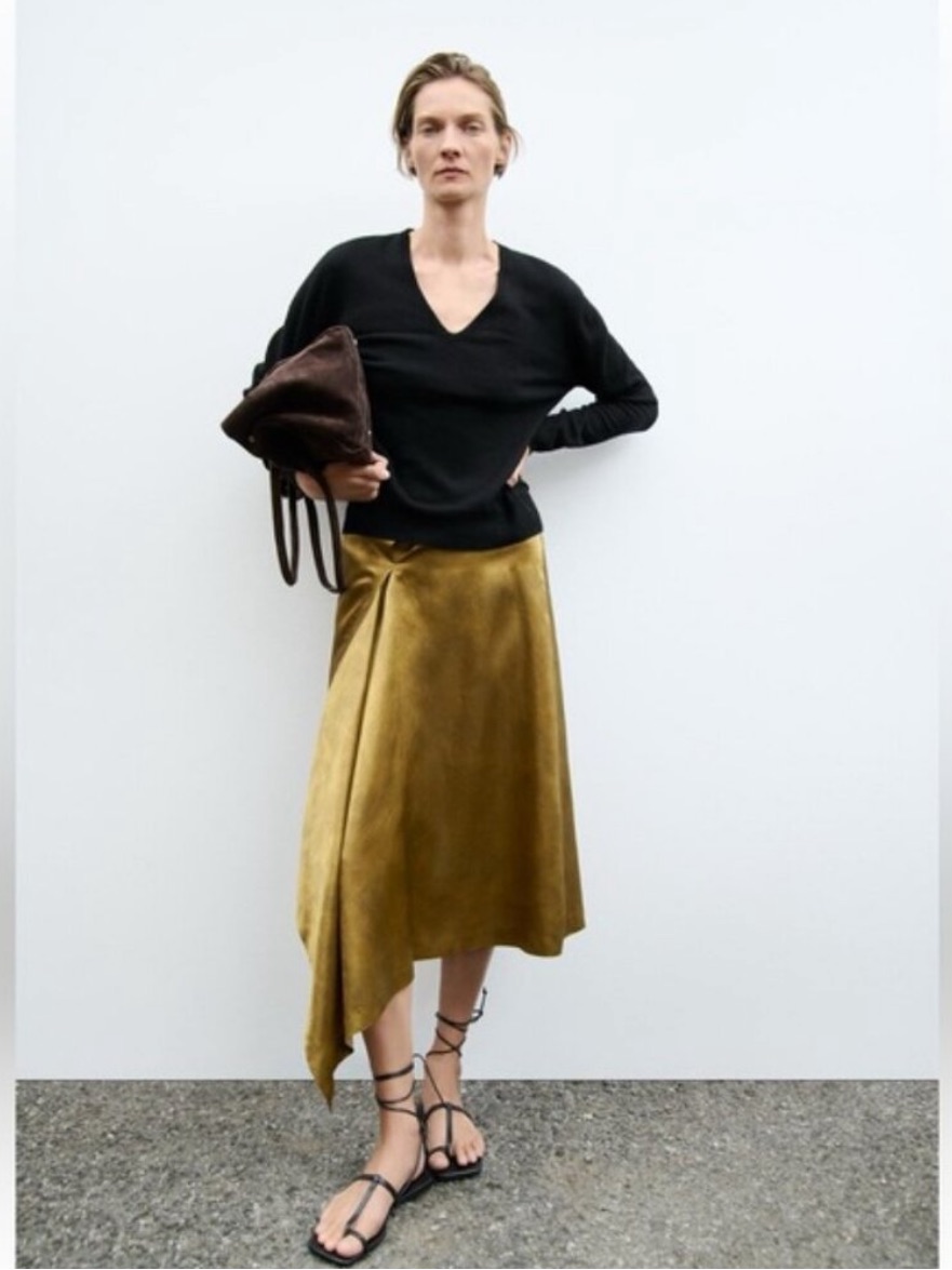 Nwot Zara Zw Collection Golden Satin Effect Asymmetric Flowing Midi Skirt